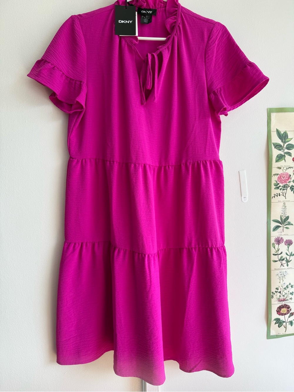 DKNY Fuchsia Tiered Tie-Neck Short Sleeve Dress